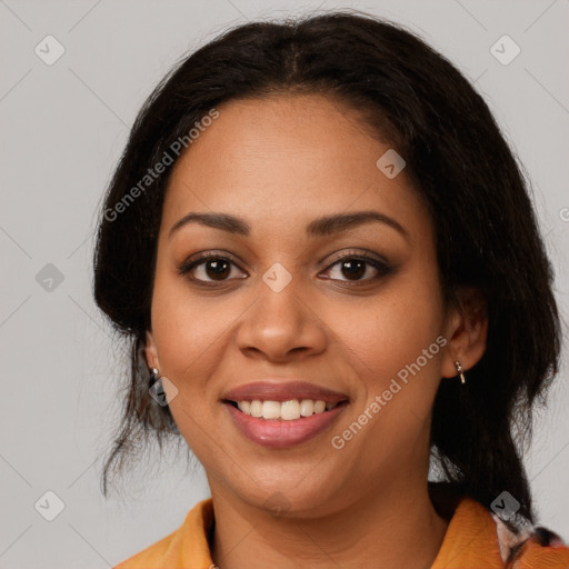 Joyful latino young-adult female with medium  brown hair and brown eyes