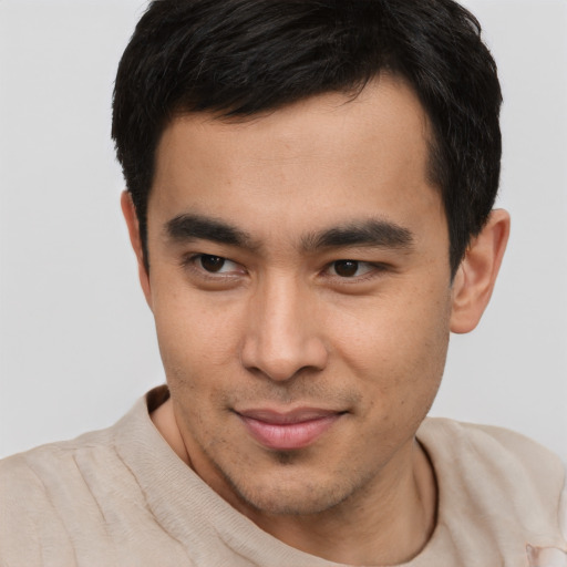 Neutral asian young-adult male with short  brown hair and brown eyes