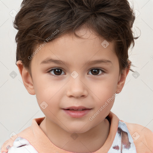 Joyful white child female with short  brown hair and brown eyes