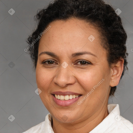 Joyful white adult female with short  brown hair and brown eyes