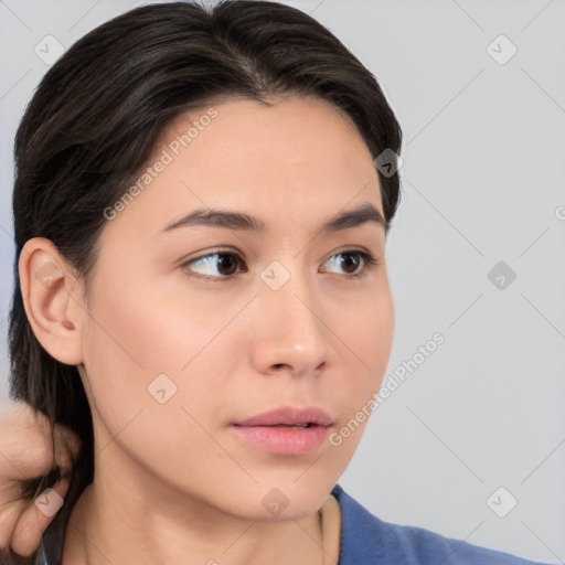 Neutral white young-adult female with medium  brown hair and brown eyes