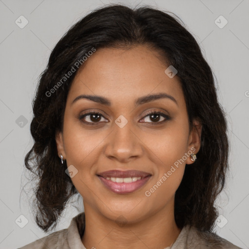 Joyful black young-adult female with medium  brown hair and brown eyes