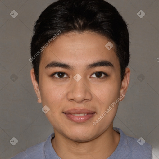 Joyful asian young-adult male with short  brown hair and brown eyes