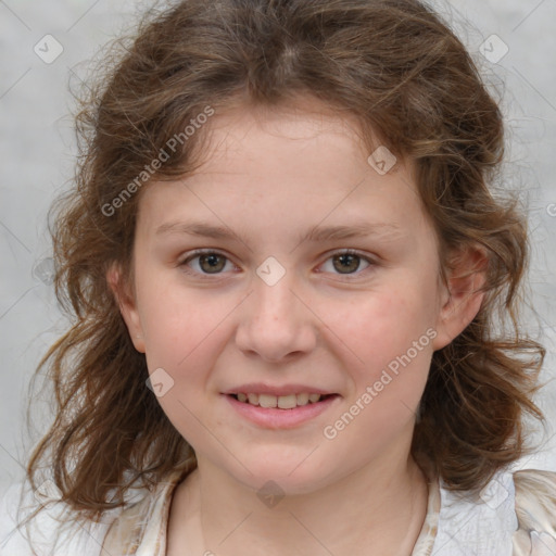 Joyful white child female with medium  brown hair and grey eyes