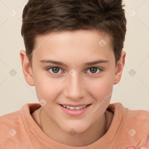 Joyful white child male with short  brown hair and brown eyes