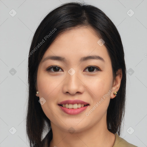 Joyful asian young-adult female with medium  black hair and brown eyes