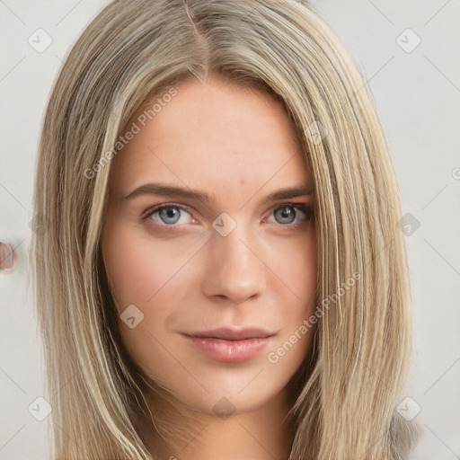 Neutral white young-adult female with long  brown hair and brown eyes