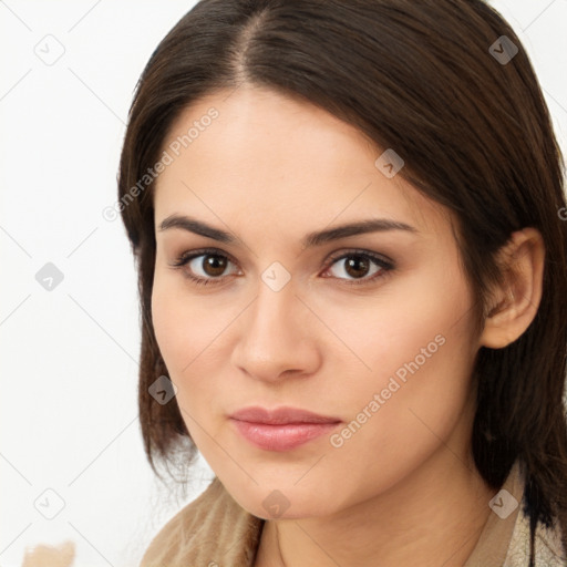 Neutral white young-adult female with long  brown hair and brown eyes