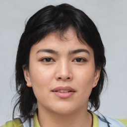 Neutral asian young-adult female with medium  brown hair and brown eyes