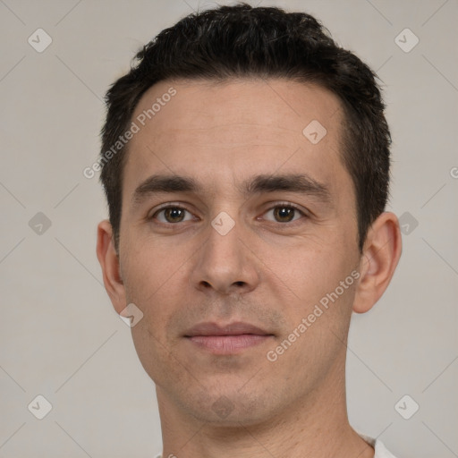 Neutral white adult male with short  brown hair and brown eyes