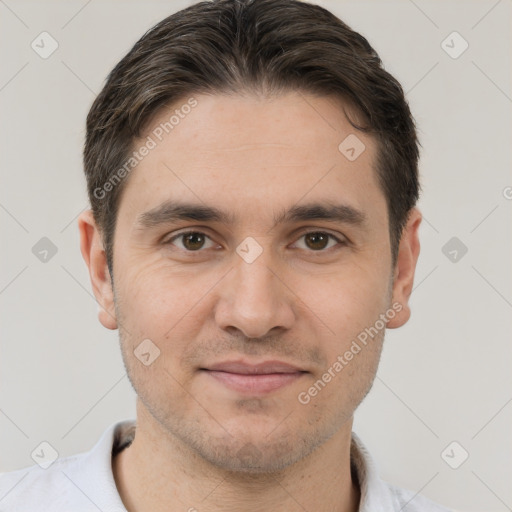 Joyful white young-adult male with short  brown hair and brown eyes