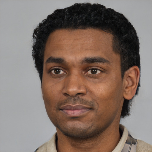 Neutral black young-adult male with short  black hair and brown eyes