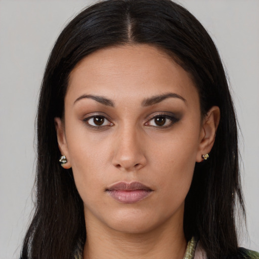 Neutral asian young-adult female with long  brown hair and brown eyes