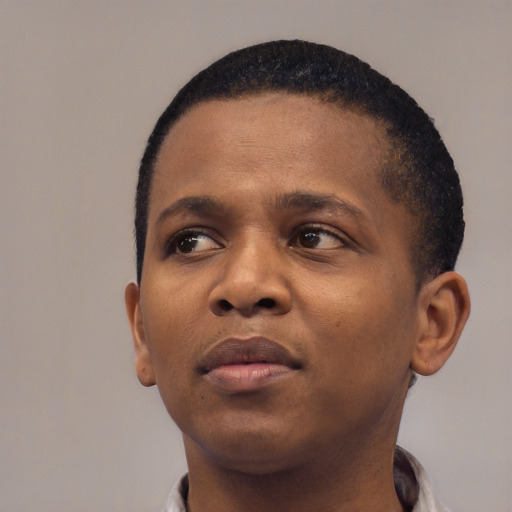 Neutral black young-adult male with short  black hair and brown eyes