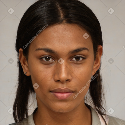 Neutral black young-adult female with medium  brown hair and brown eyes