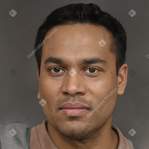 Neutral latino young-adult male with short  black hair and brown eyes