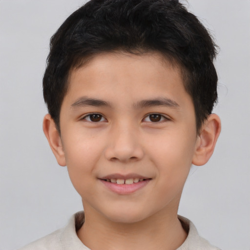 Joyful asian child male with short  brown hair and brown eyes