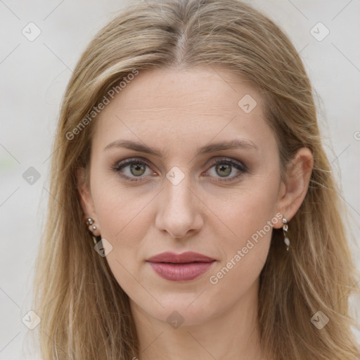 Joyful white young-adult female with long  brown hair and green eyes