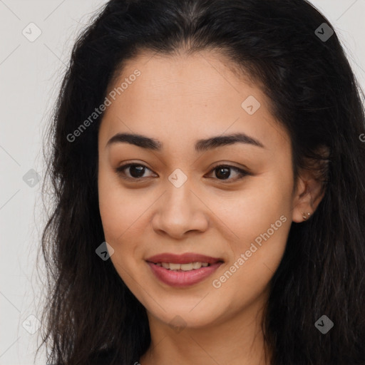 Joyful latino young-adult female with long  brown hair and brown eyes