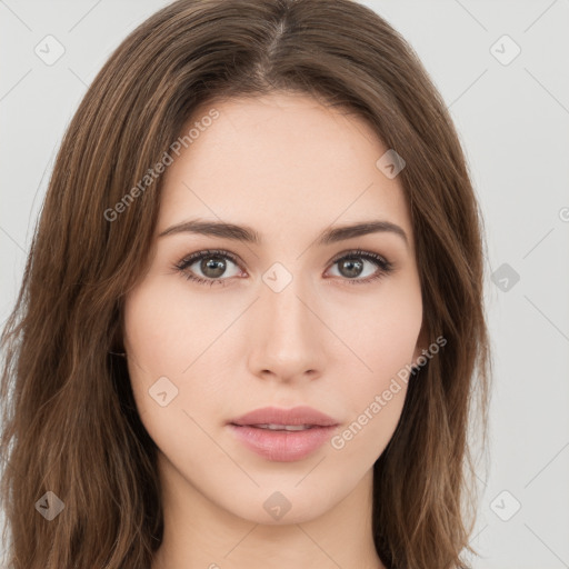 Neutral white young-adult female with long  brown hair and brown eyes