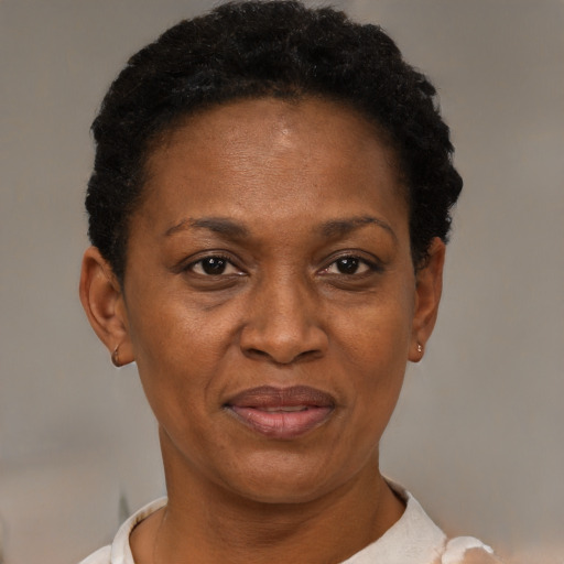 Joyful black adult female with short  black hair and brown eyes