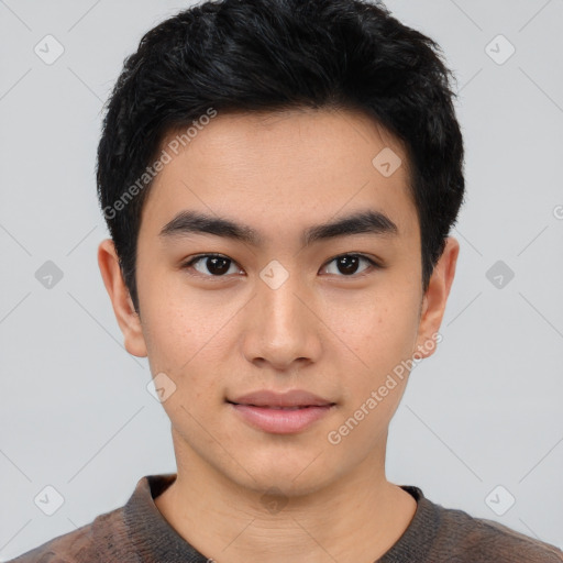 Neutral asian young-adult male with short  black hair and brown eyes