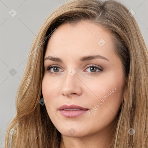 Neutral white young-adult female with long  brown hair and brown eyes