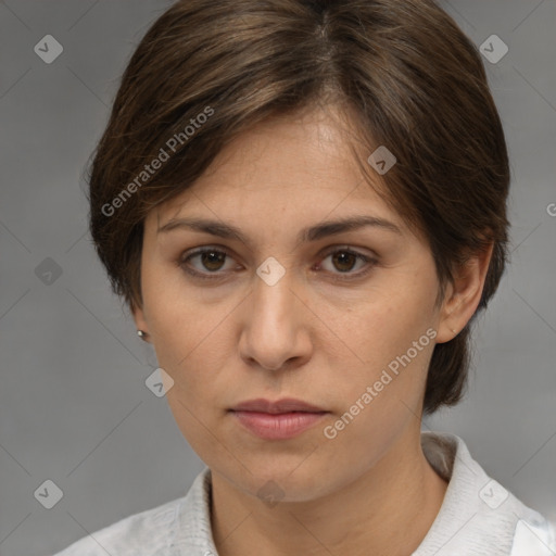 Neutral white young-adult female with medium  brown hair and brown eyes