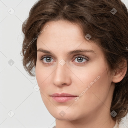 Joyful white young-adult female with medium  brown hair and green eyes