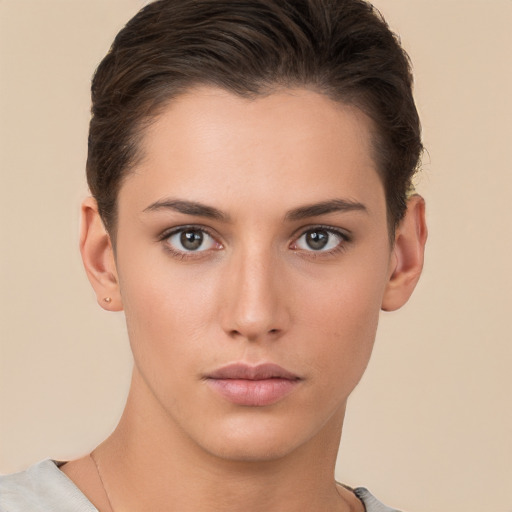 Neutral white young-adult female with short  brown hair and brown eyes