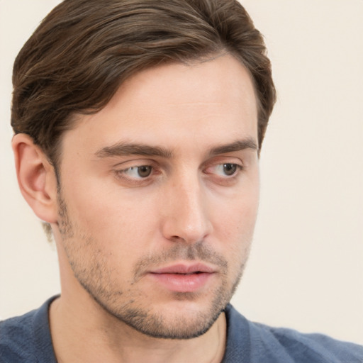 Neutral white young-adult male with short  brown hair and grey eyes