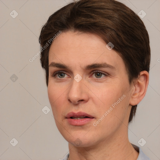 Neutral white young-adult female with short  brown hair and brown eyes