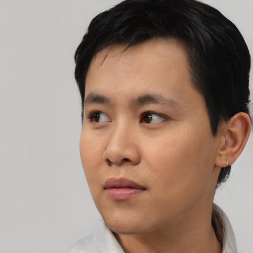 Neutral asian young-adult male with short  black hair and brown eyes