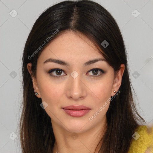 Joyful latino young-adult female with long  brown hair and brown eyes