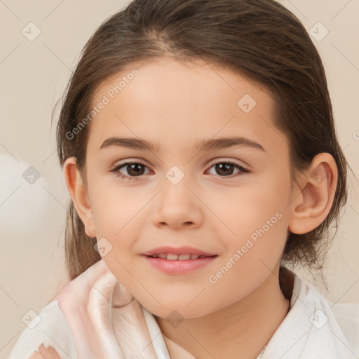 Joyful white child female with medium  brown hair and brown eyes