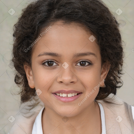 Joyful white child female with medium  brown hair and brown eyes