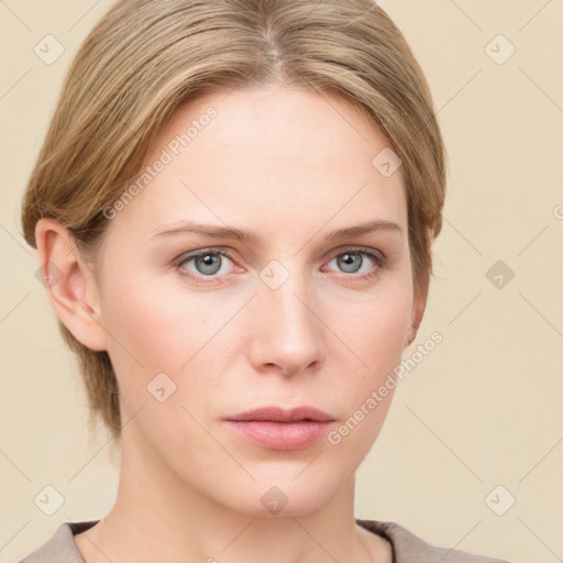 Neutral white young-adult female with medium  brown hair and grey eyes