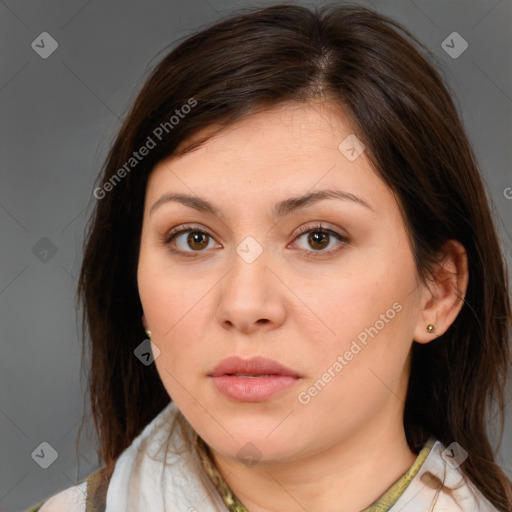 Neutral white young-adult female with medium  brown hair and brown eyes