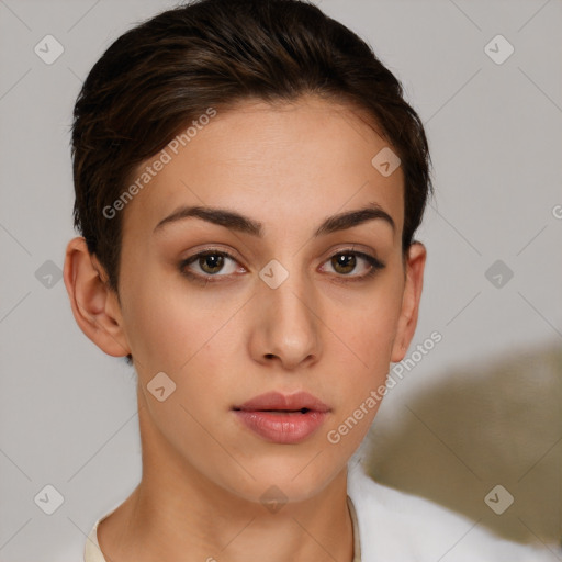 Neutral white young-adult female with short  brown hair and brown eyes