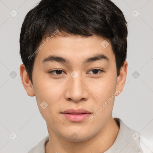 Neutral asian young-adult male with short  brown hair and brown eyes