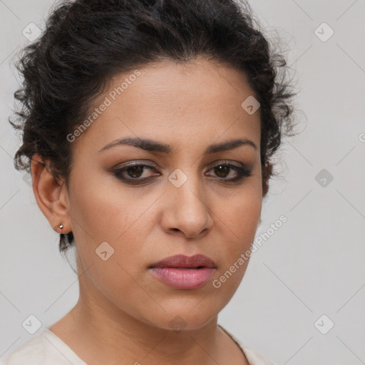 Neutral white young-adult female with short  brown hair and brown eyes