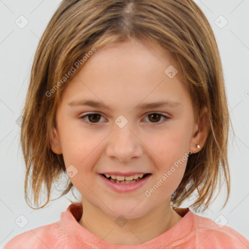 Joyful white child female with medium  brown hair and brown eyes