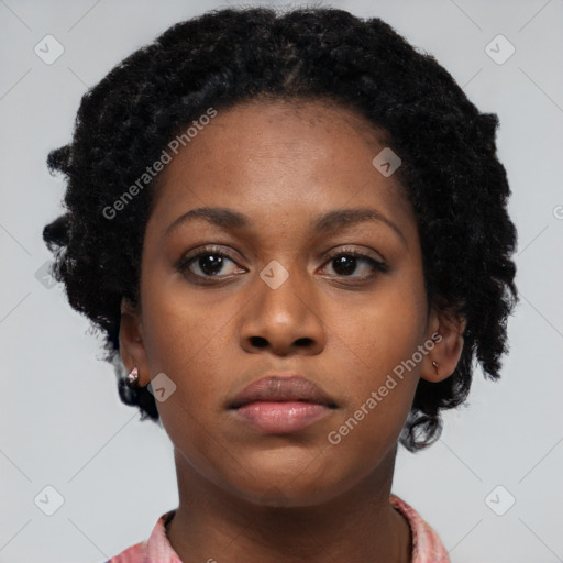 Neutral black young-adult female with short  black hair and brown eyes