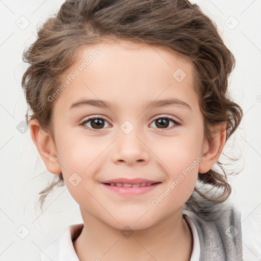 Joyful white child female with medium  brown hair and brown eyes