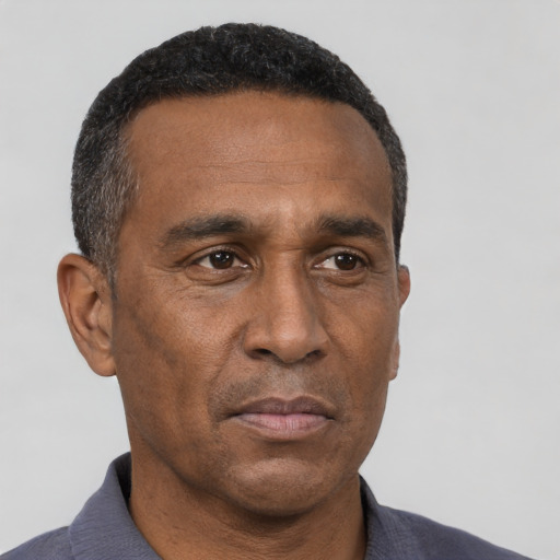 Neutral black adult male with short  black hair and brown eyes