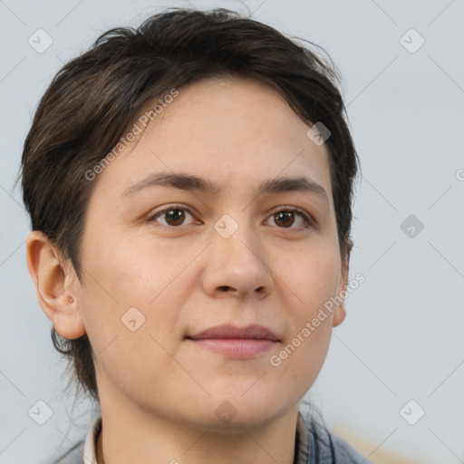 Neutral white young-adult female with short  brown hair and brown eyes