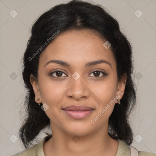 Joyful latino young-adult female with medium  brown hair and brown eyes