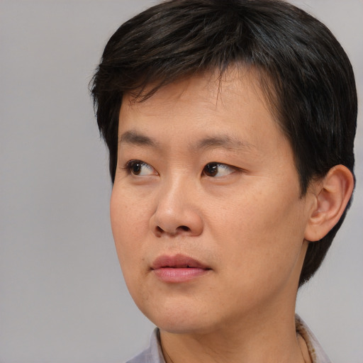 Neutral asian young-adult male with short  brown hair and brown eyes