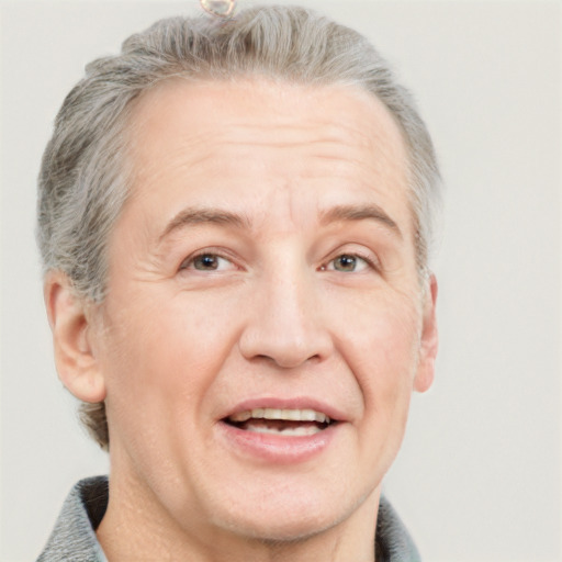 Joyful white middle-aged male with short  brown hair and brown eyes