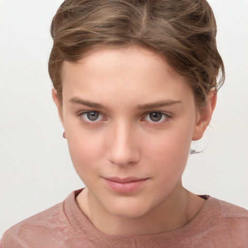 Neutral white young-adult female with short  brown hair and grey eyes